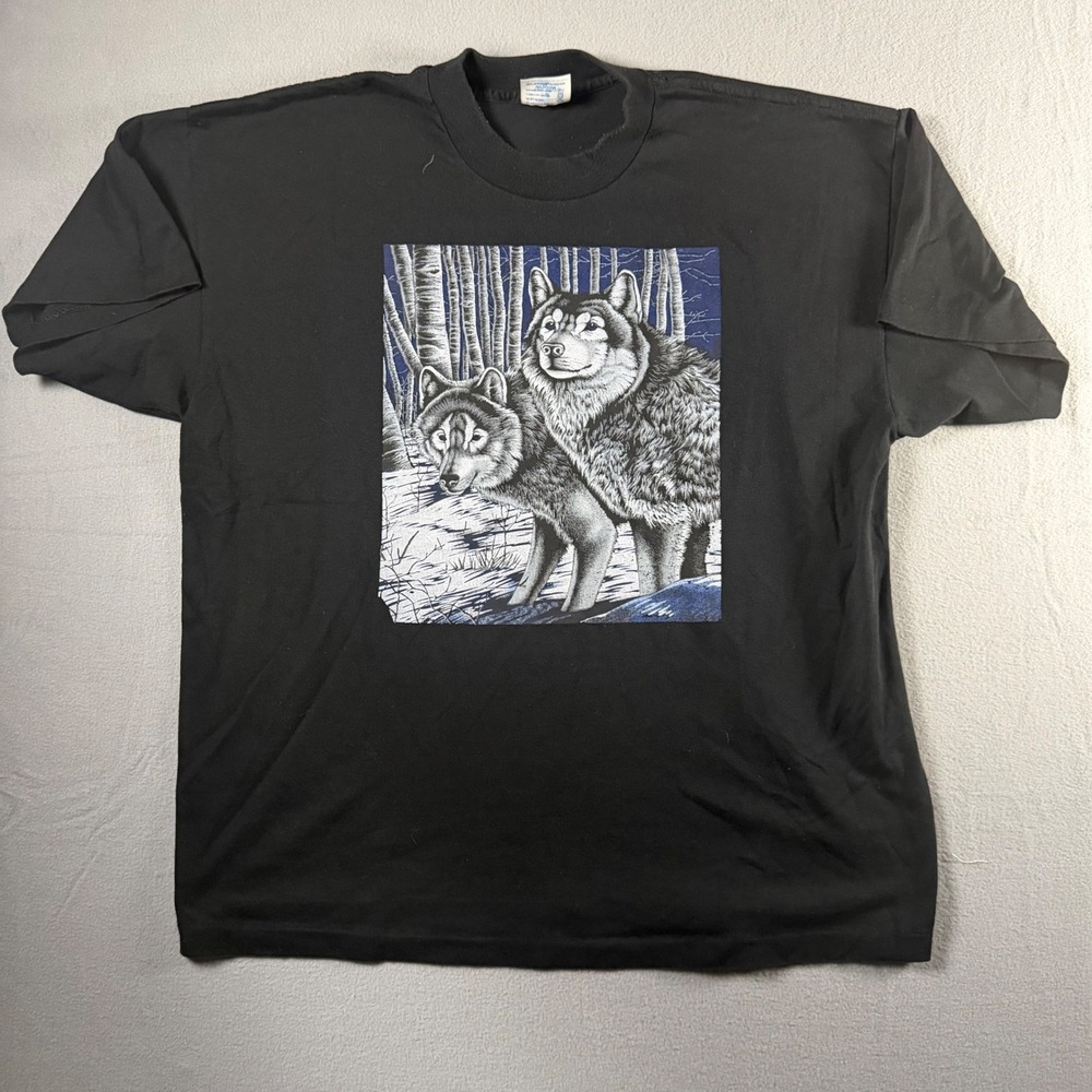 Vintage Tee Jays Wolf Graphic T-Shirt XL Black Made in USA 90s Nature Tee